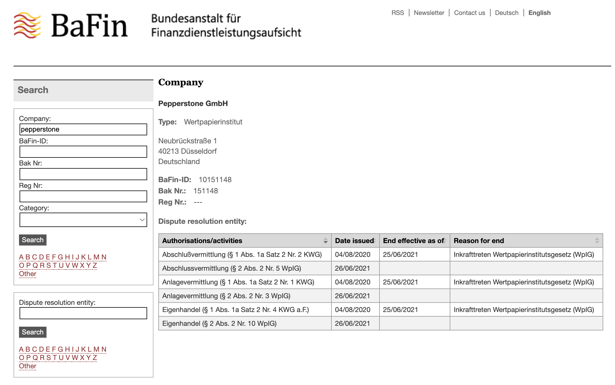 The BaFin national register showing Pepperstone license