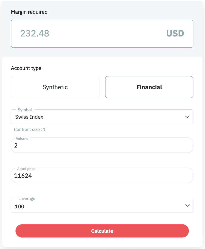 Margin calculator at Deriv showing deposit required for SMI trade