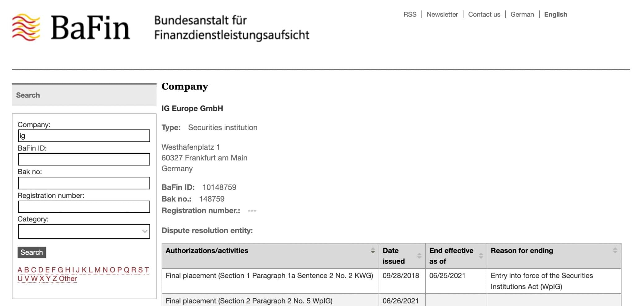IG Germany CFD trading platform BaFin license details