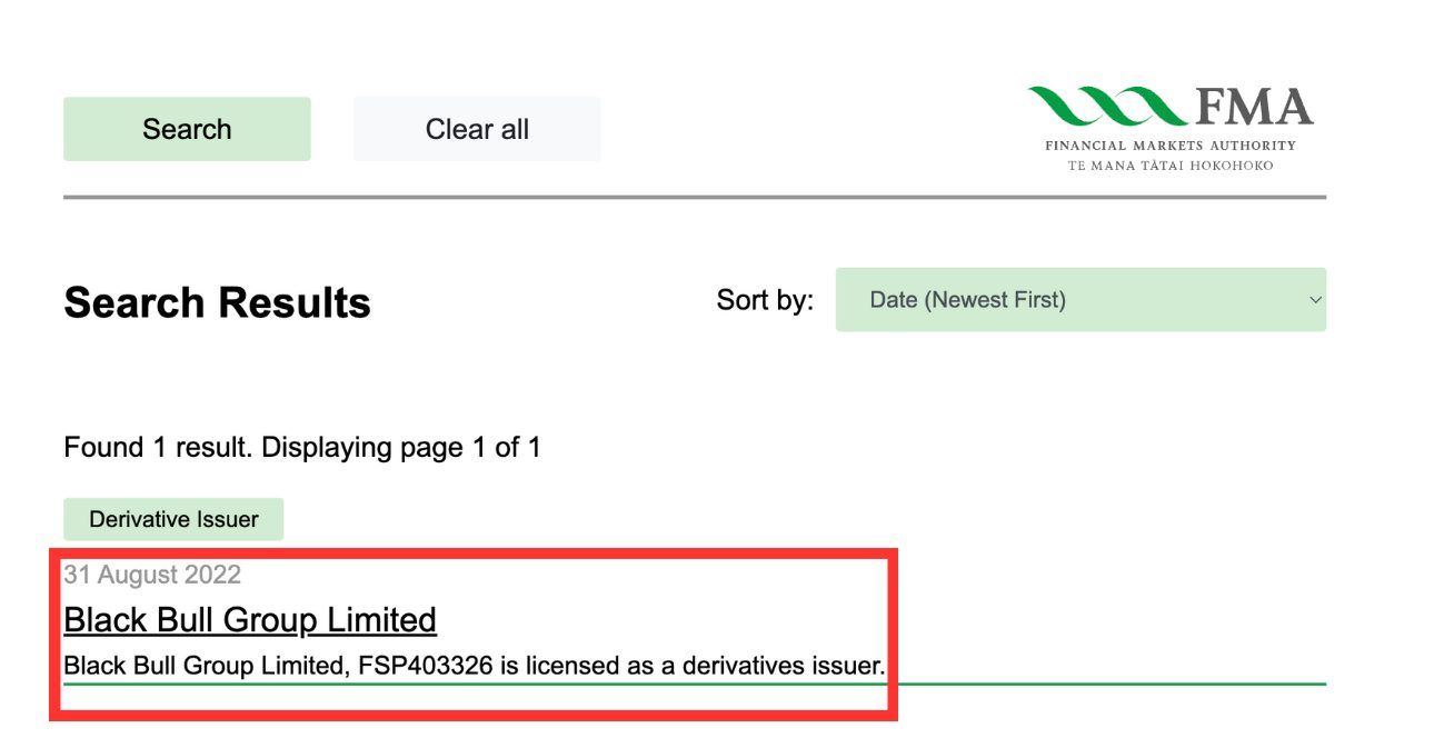 Blackbull Markets license at the New Zealand FMA