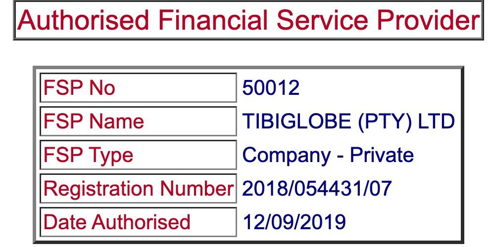 South Africa FSCA database showing TibiGlobe license