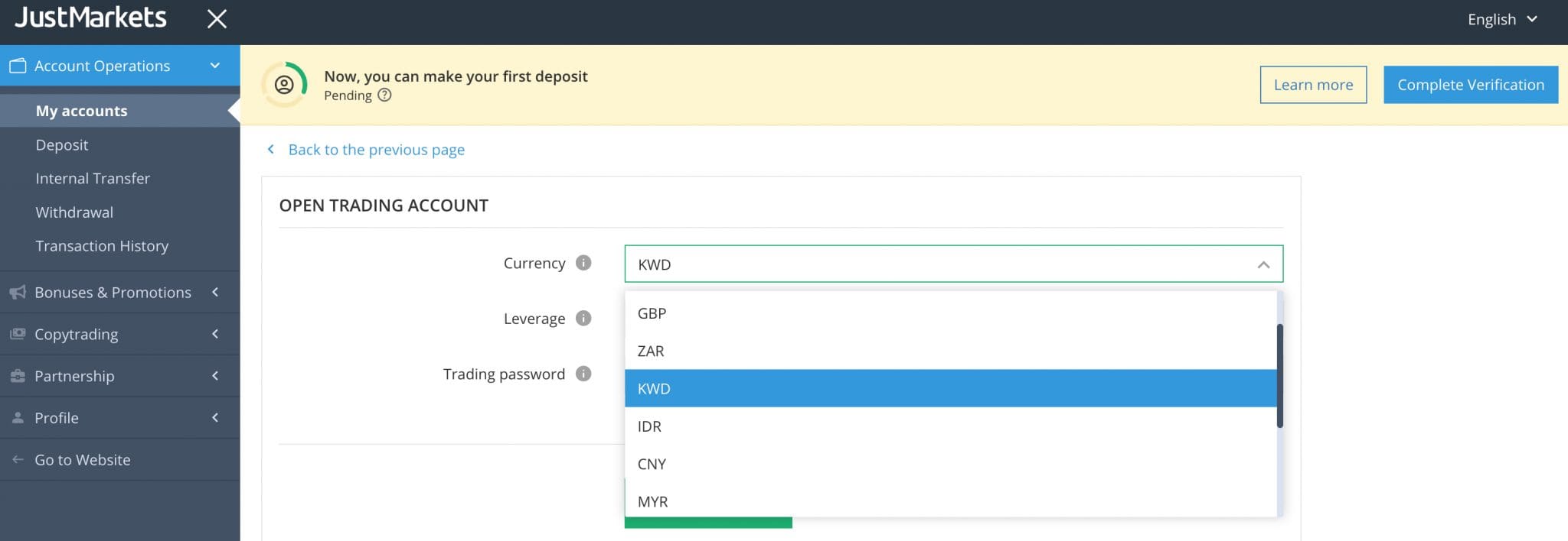 Opening a trading account based in KWD with JustMarkets