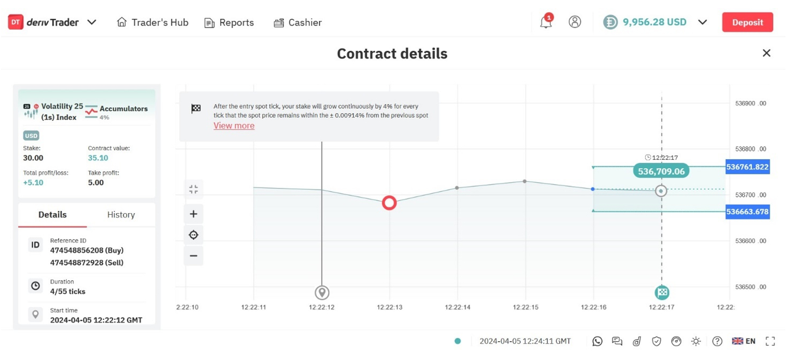 Example of a Deriv accumulator option trade