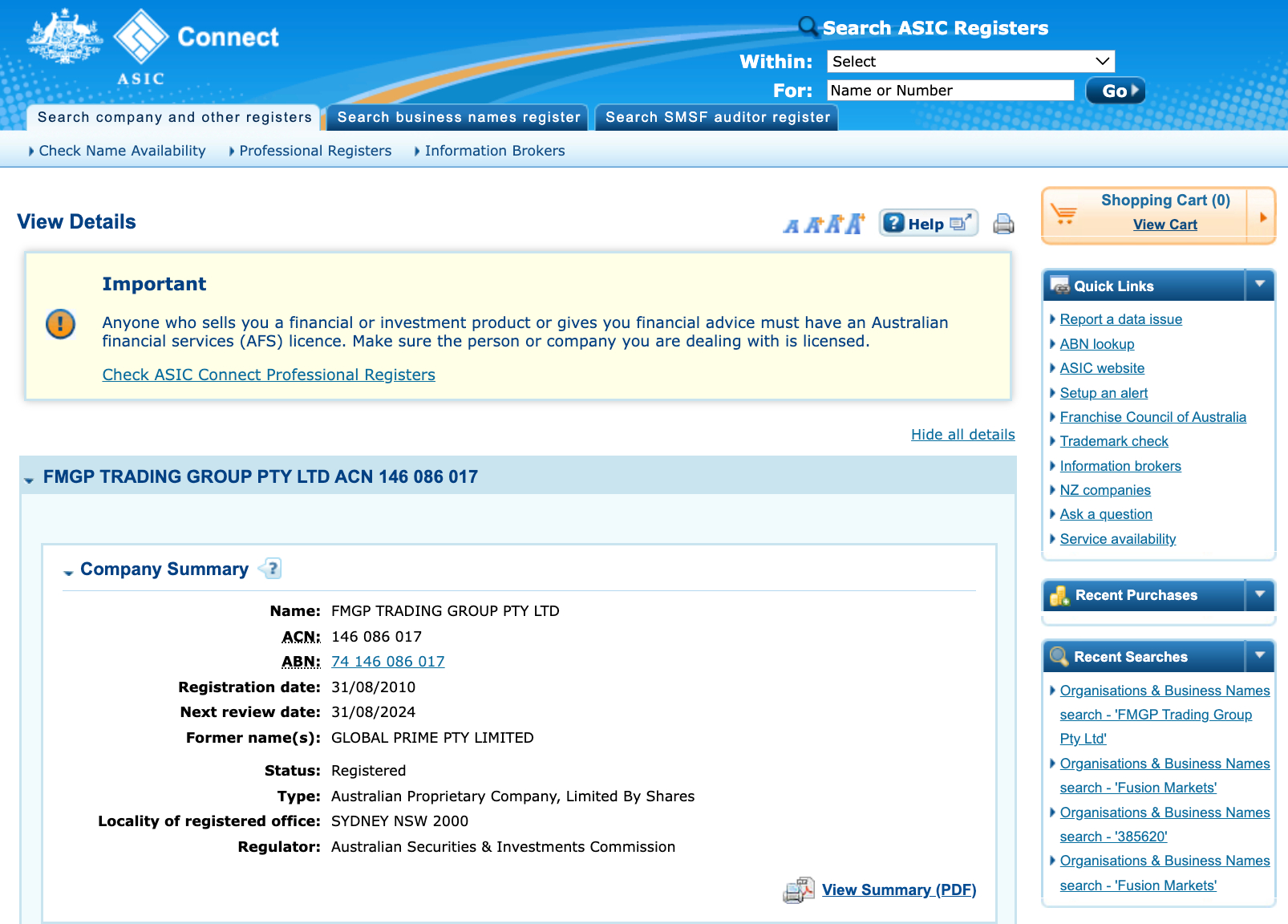 Details of Australian CFD Broker Fusion Markets on ASIC Register