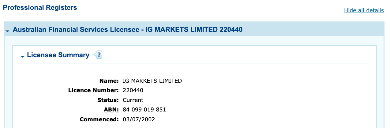 ASIC register showing IG forex broker is regulated in Australia