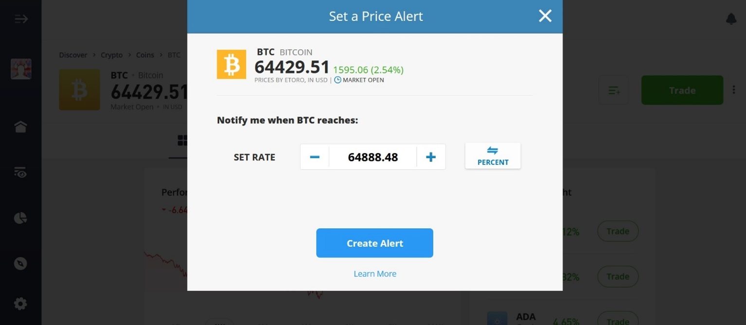 Using eToro platform to set up a day trading alert on BTC