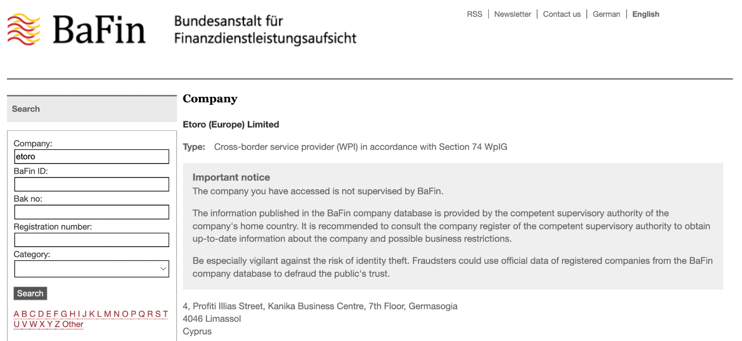 Checking whether eToro is regulated in Germany