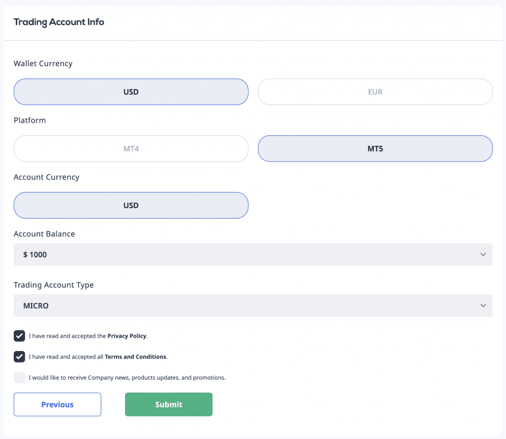 Online account registration form at Plexytrade