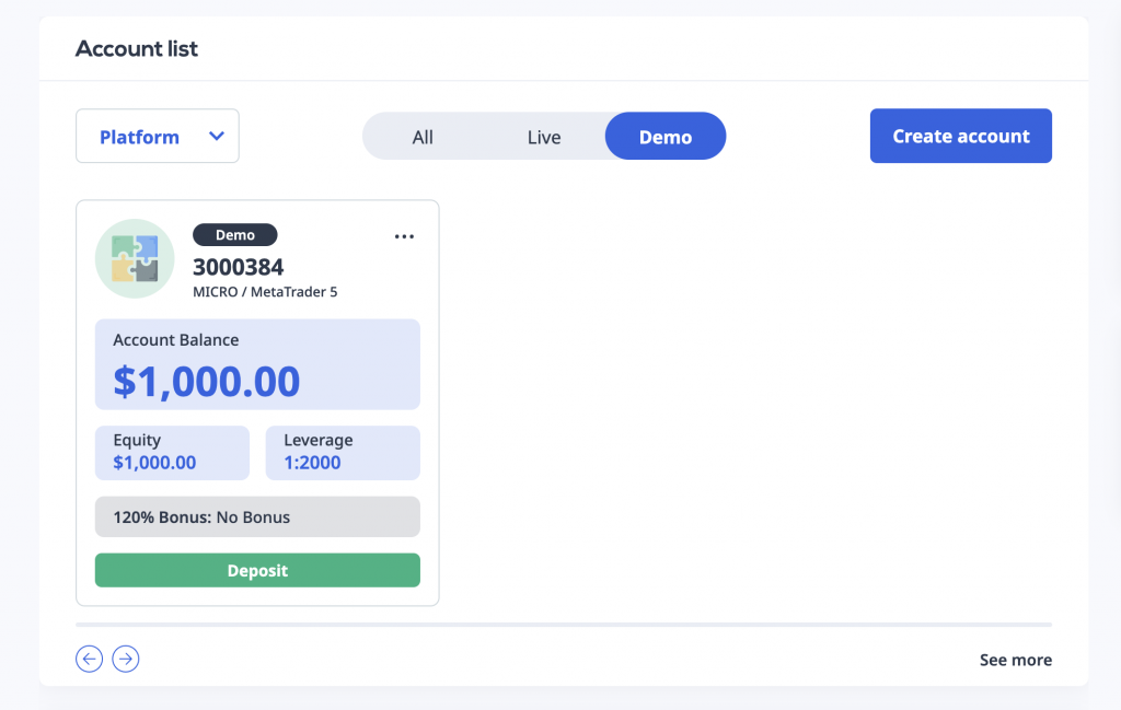 MT5 demo account dashboard at Plexytrade