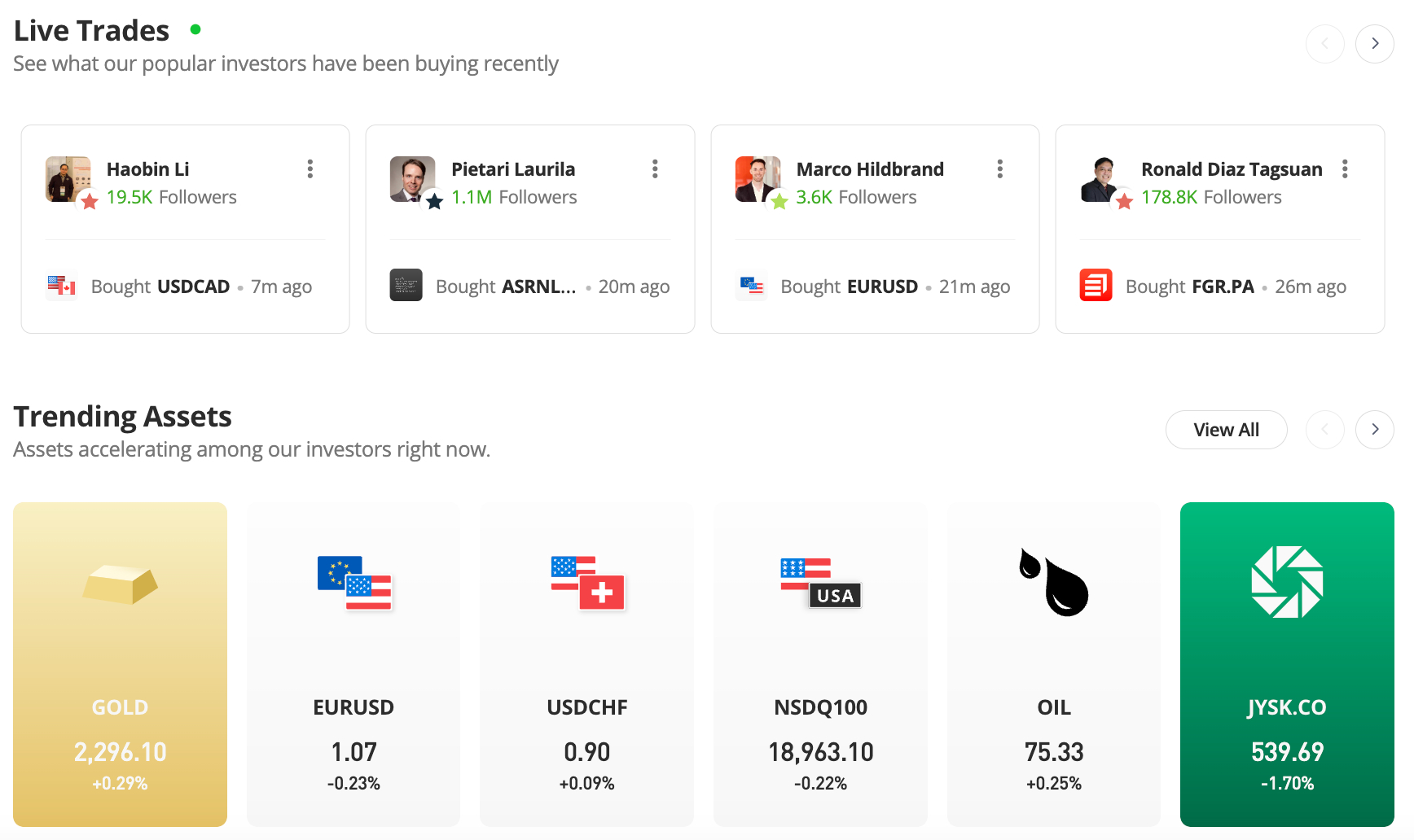 eToro platform showing Live Trades feature