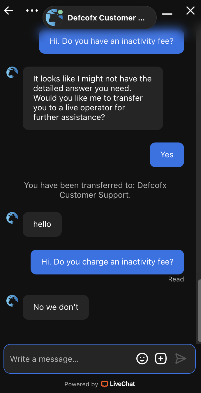 Live chat conversation with Defcofx