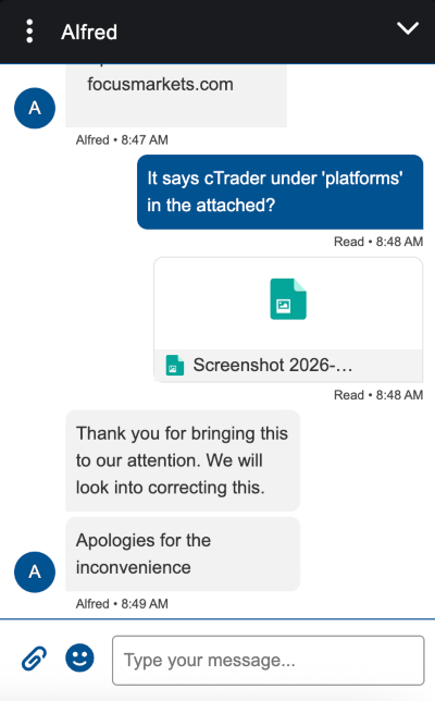 Focus Markets support agent confirming no cTrader and that they'll update the wrong info on their website
