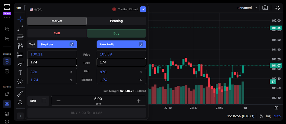 Placing a trade on TradeLocker