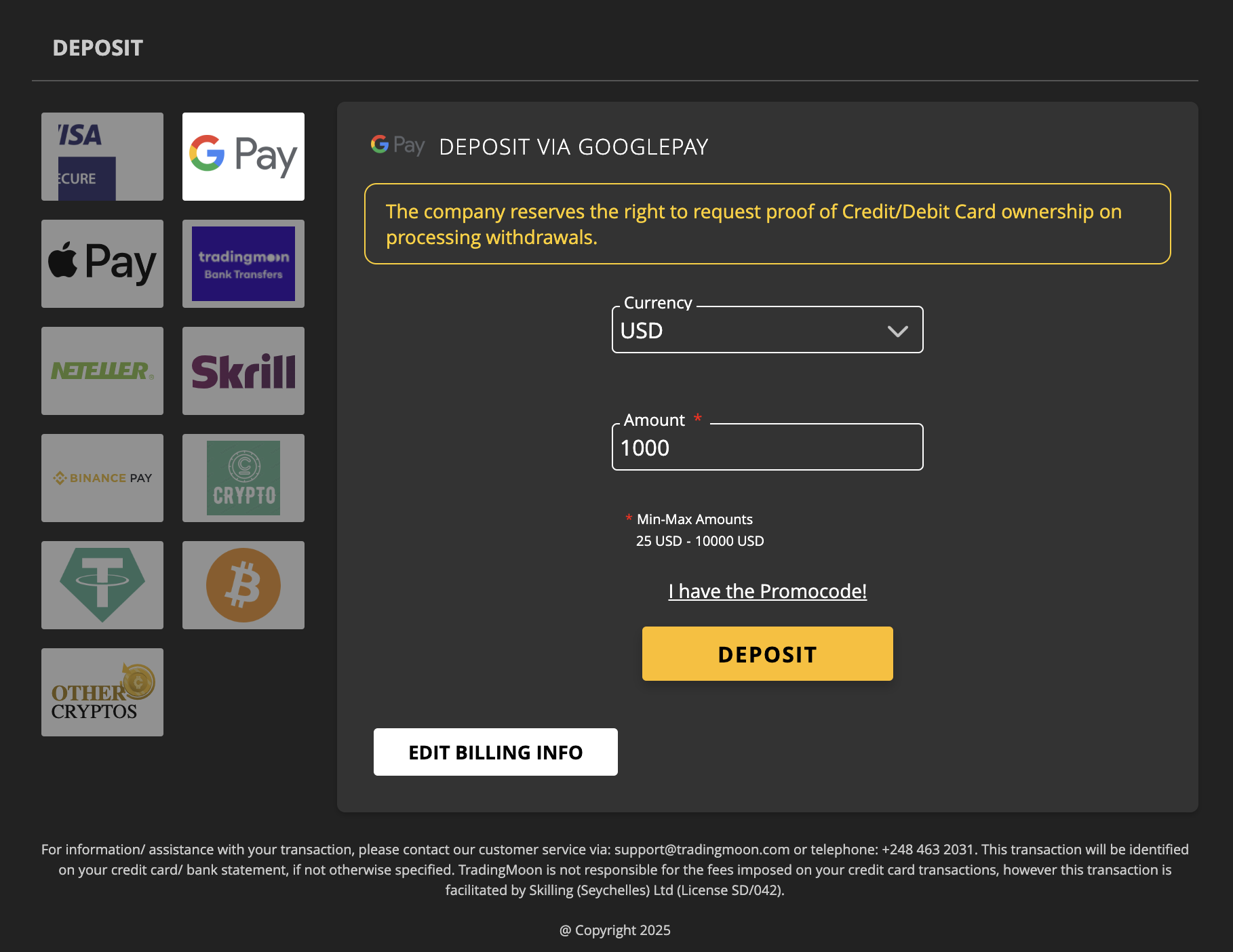 Making a deposit to TradingMoon broker