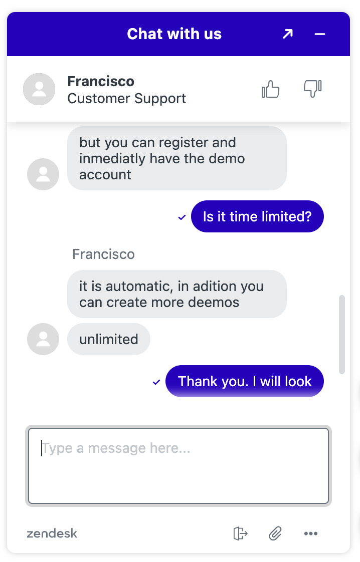 Conversation with TradingMoon's support team on live chat