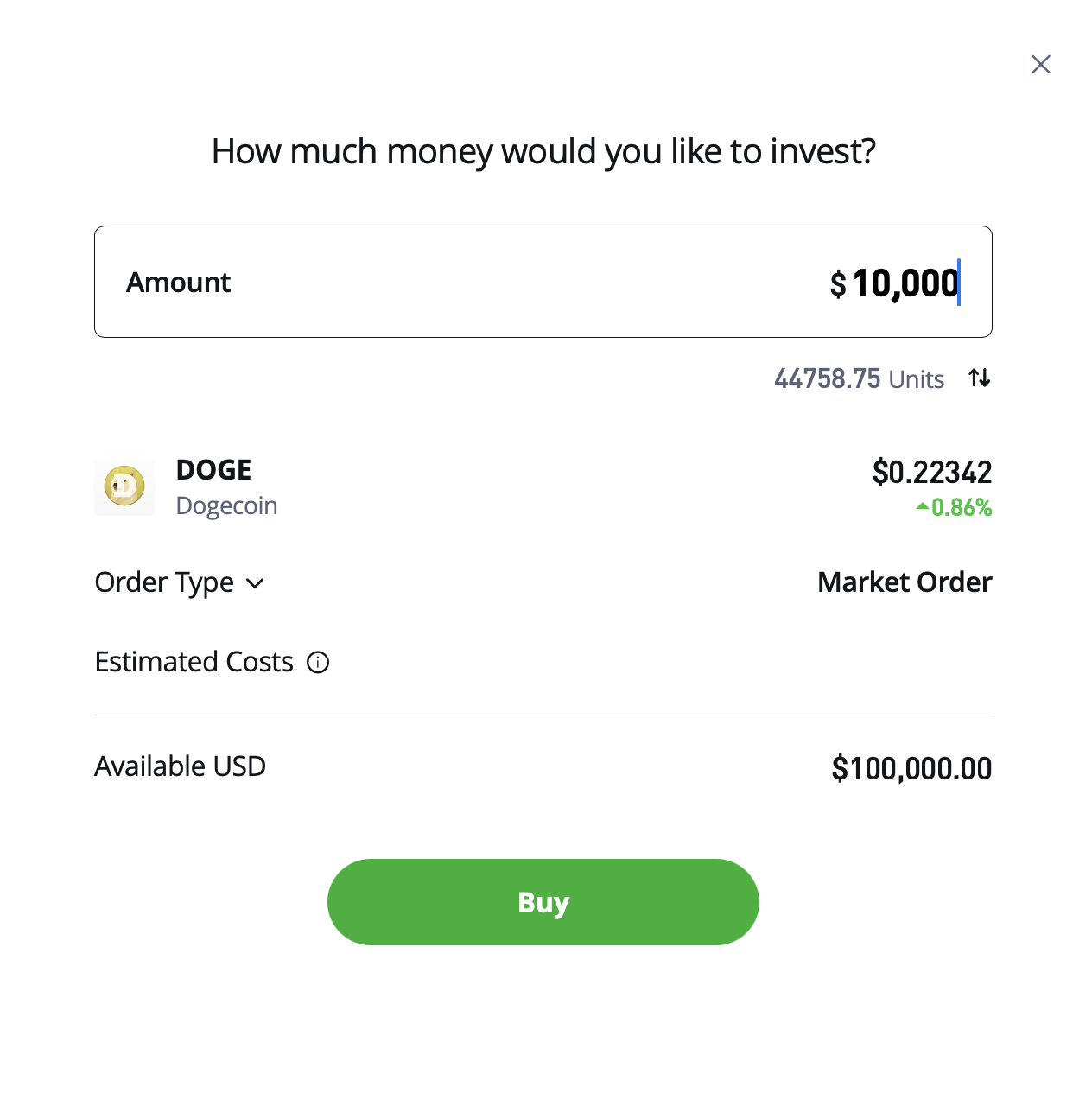 eToro order screen for Doge