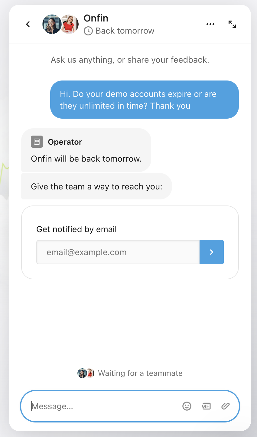 Conversation with OnFin's live chat support team
