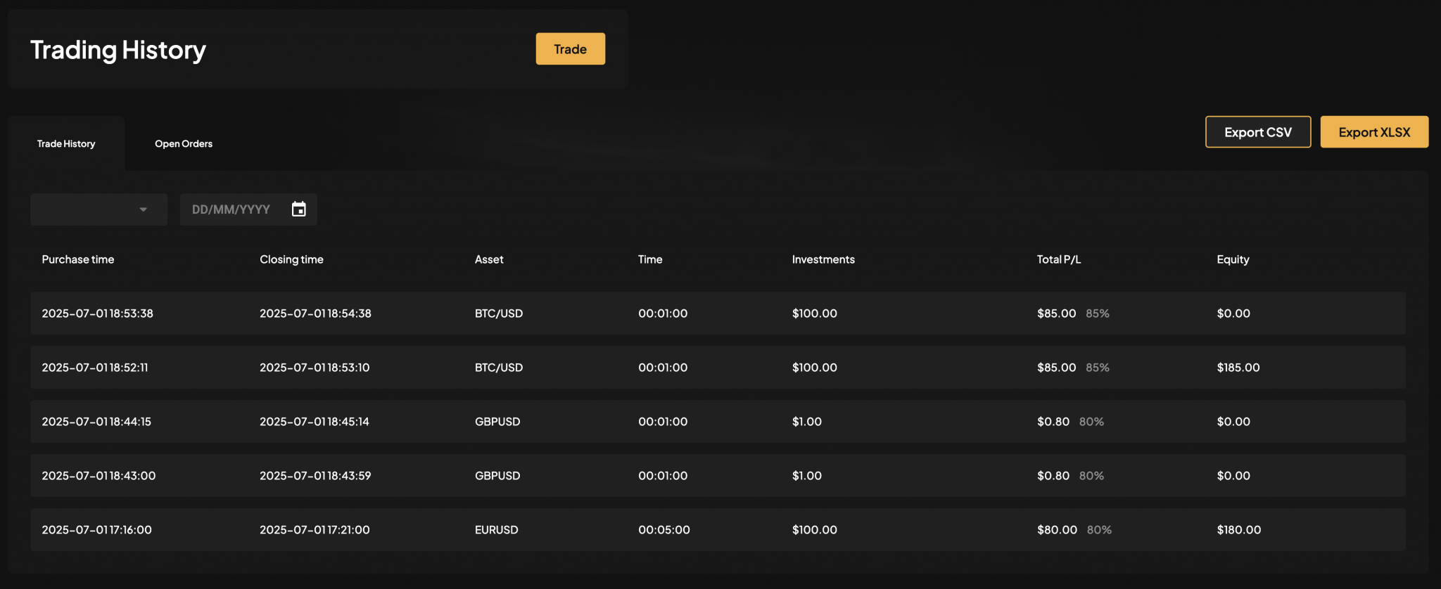 My trade history showing multiple binary trades at Cronika