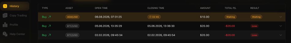 Trade history showing multiple binary trades at Cronika