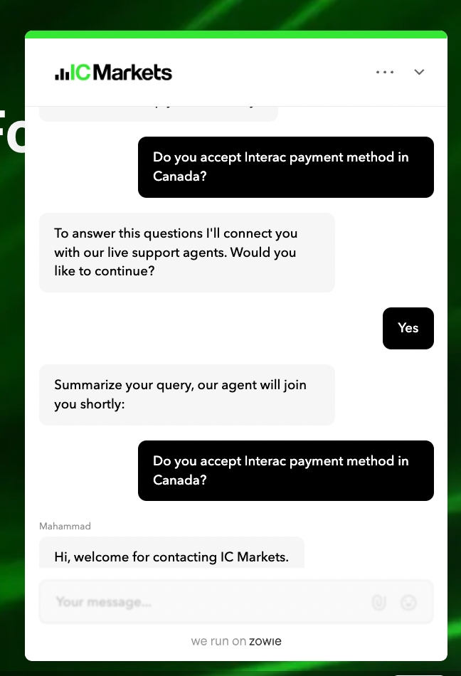 Live chat conversation with IC Markets' support team