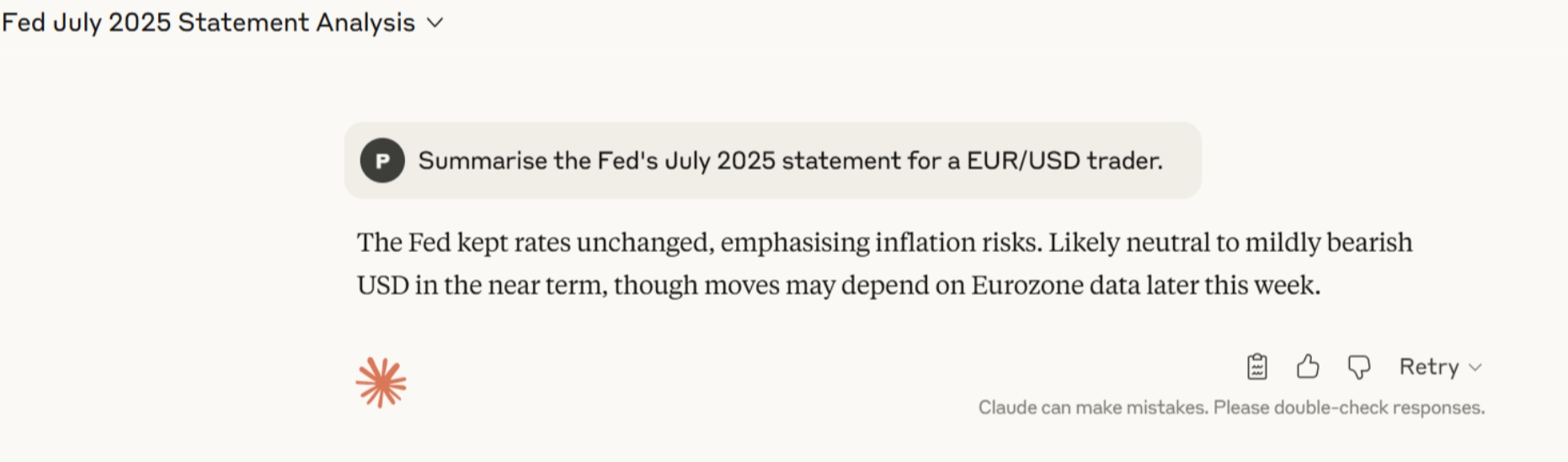 Asking Claude AI tool a question about the US Fed statement's impact on forex markets