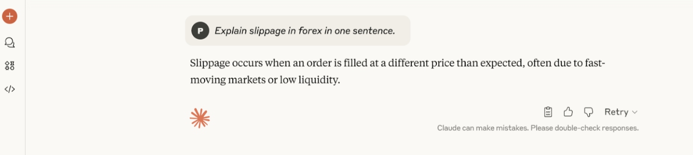 Using Claud AI to check what forex slippage is