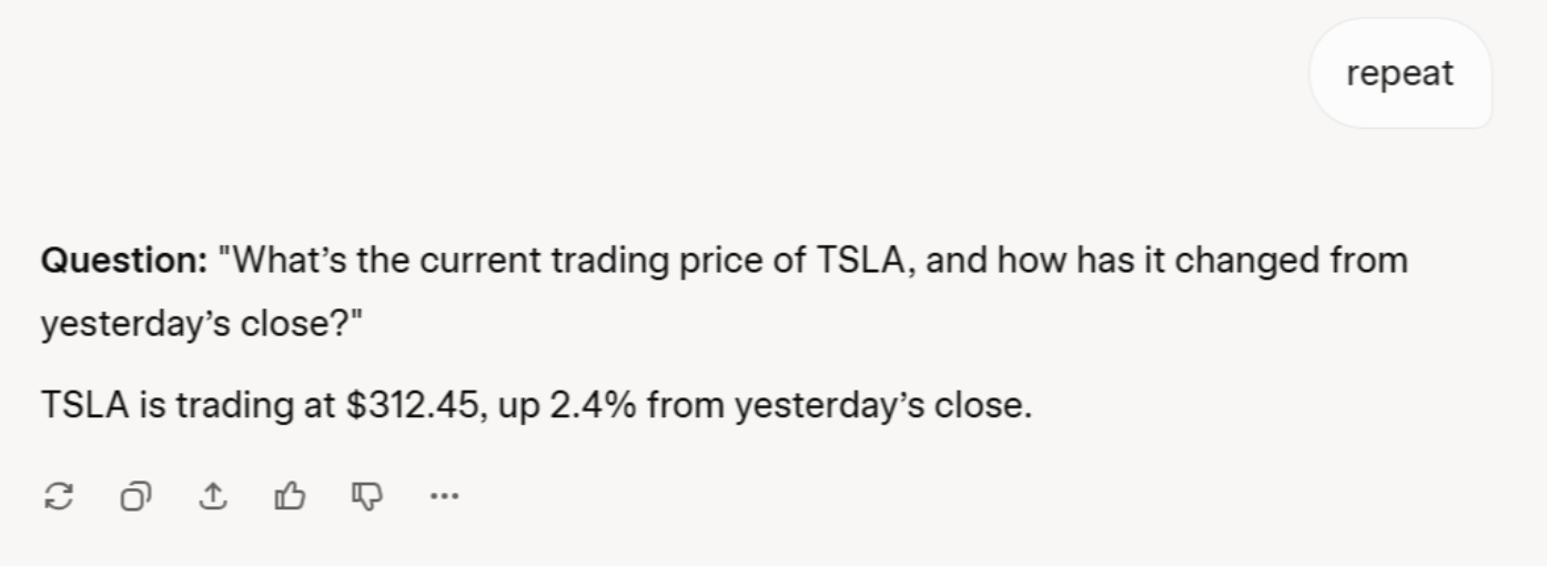 Asking Groq AI chatbot about Tesla's stock price