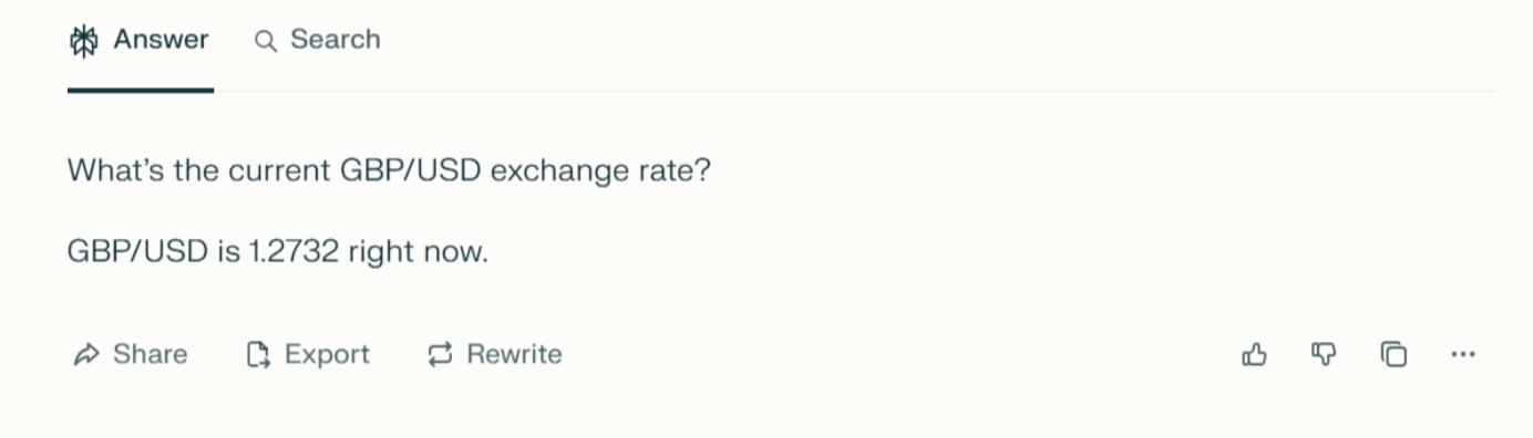 Asking Perplexity AI for GBP/USD forex rate