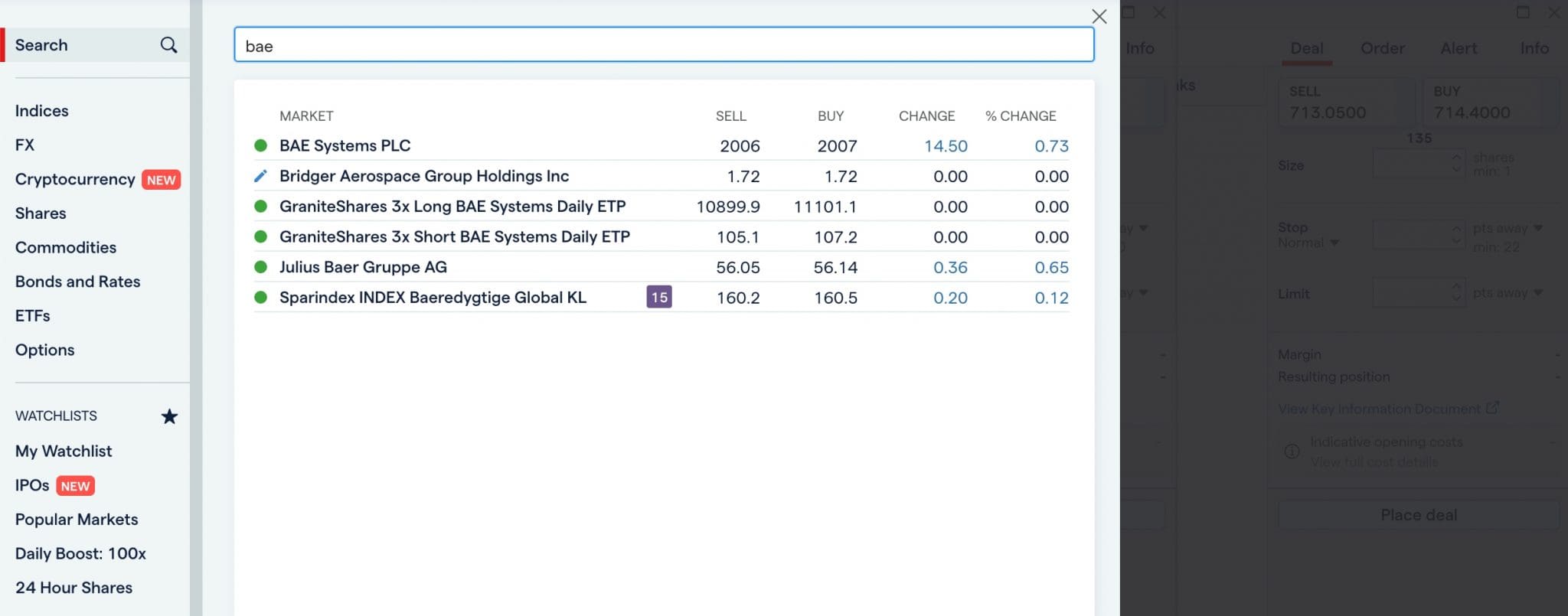 Looking for trading instruments in IG's platform