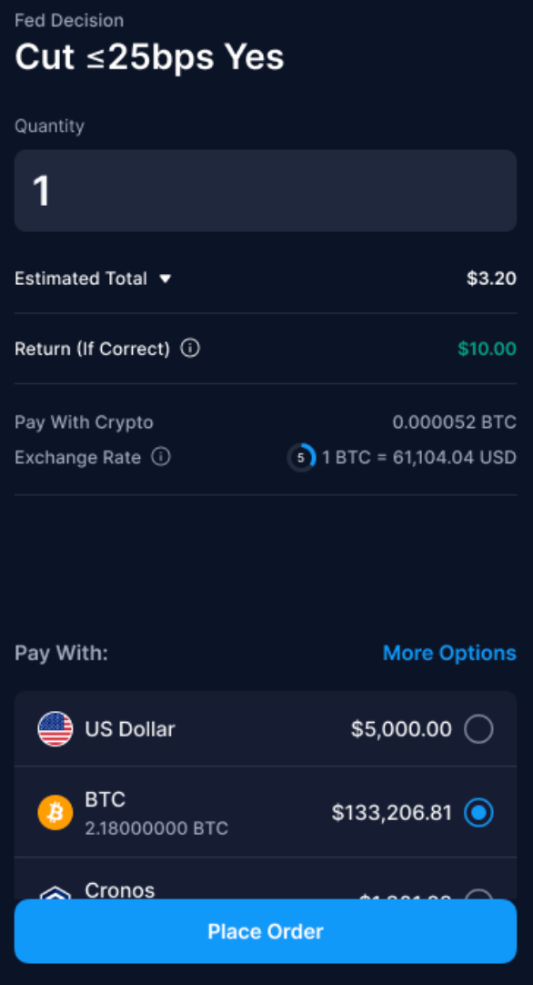 Placing a fixed odds bet on Fed decision through Crypto.com's app