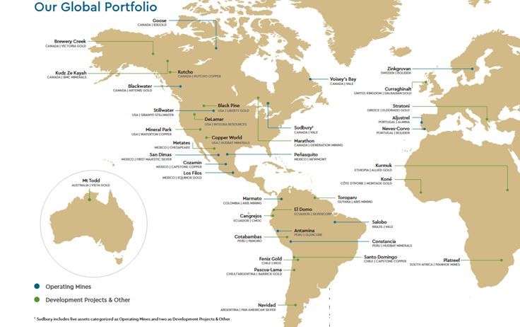 Global map showing Wheaton precious metals portfolio holdings