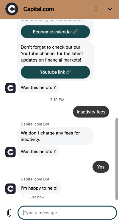Live chat conversation with Capital.com support about inactivity fees