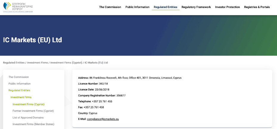 Evidence that IC Markets is regulated by the CySEC from its register