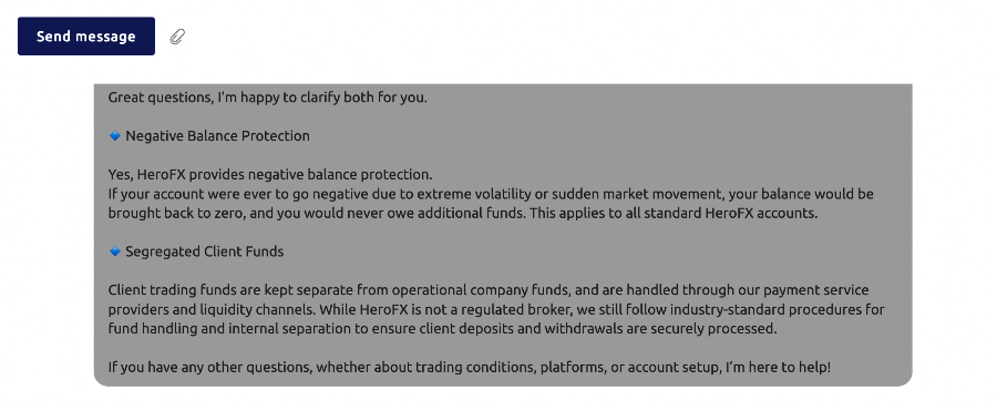 HeroFX support answers about negative balance protection and segregated accounts