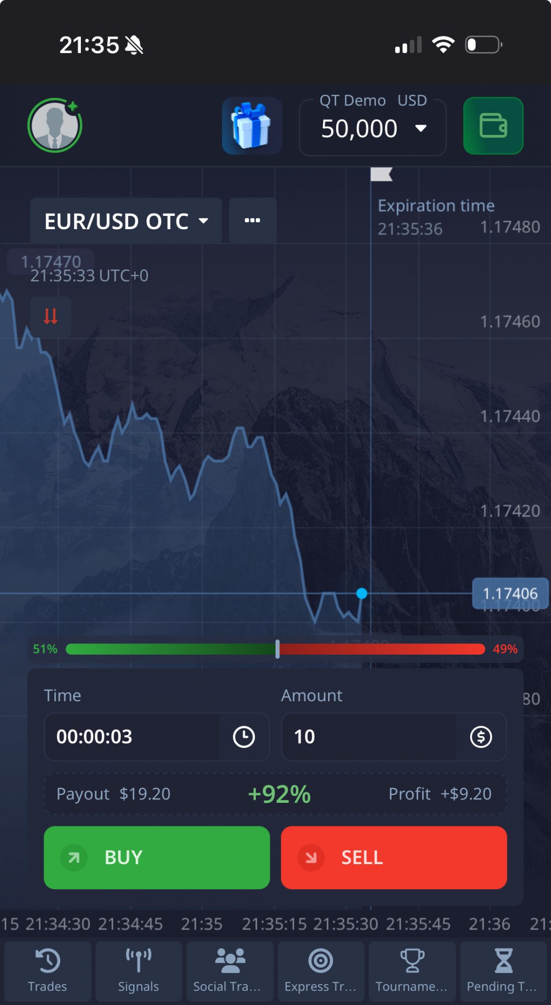 PocketOption's binary options trading app on iOS