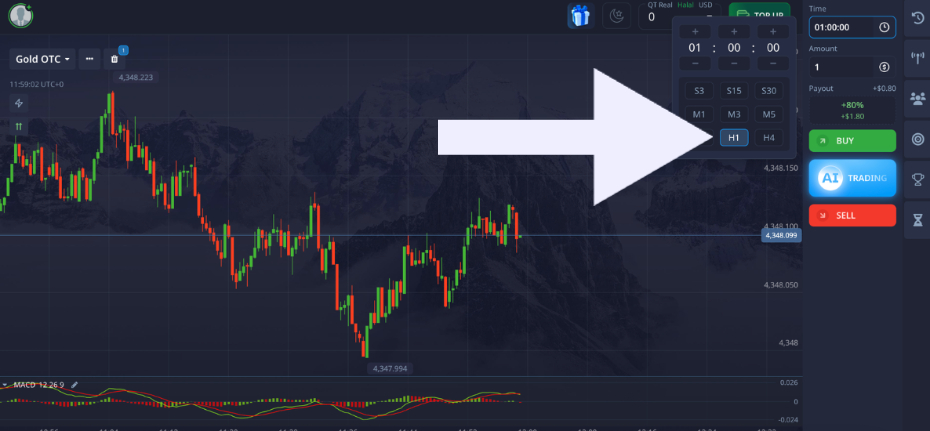 Gold chart on Pocket Option platform with a 1 hour binary timeframe selected