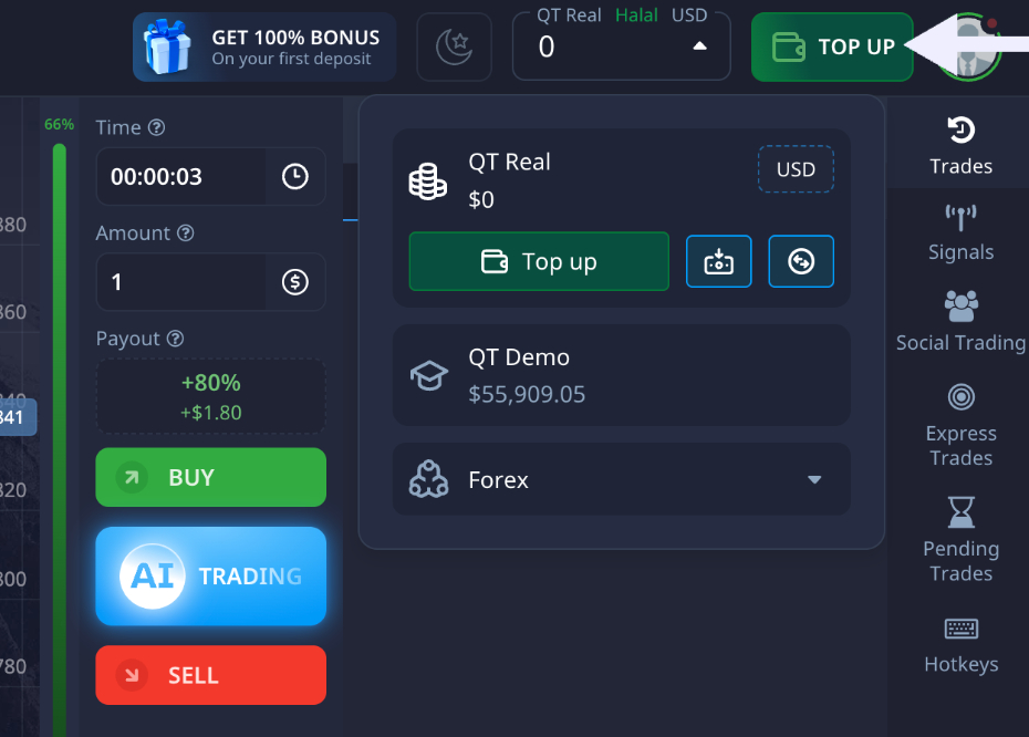 Button to add funds to a binary options account