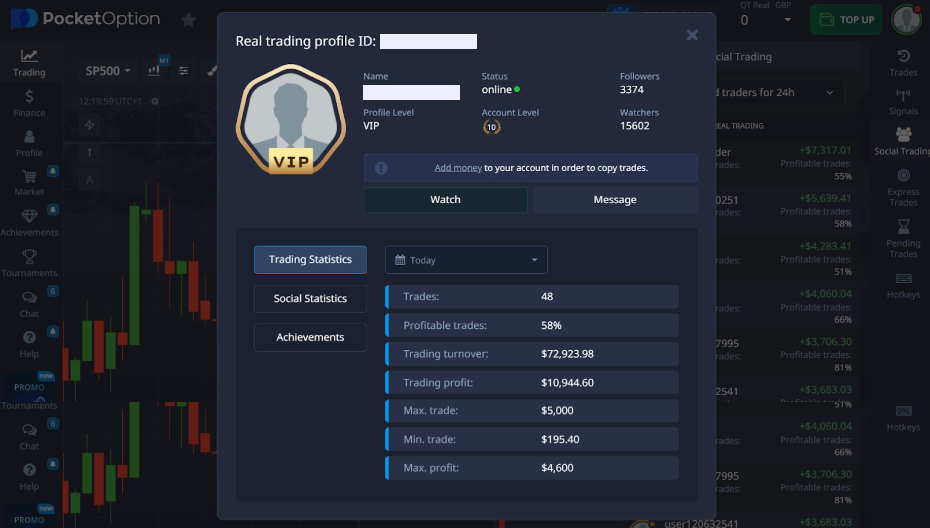 A copy trader's details in the Pocket Option platform
