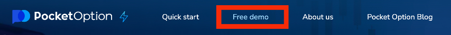 Pressing the 'free demo' button on Pocket Options' homepage to open the demo platform