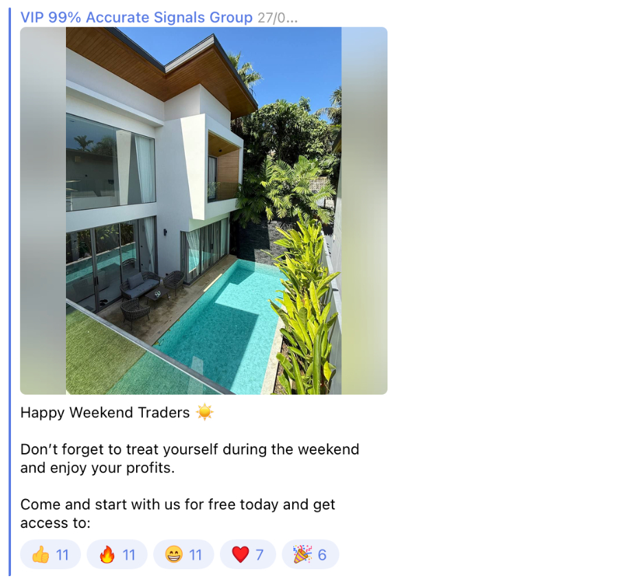 Screengrab from a social media trading signals group showing a fancy house and encouraging unrealistic an lifestyle
