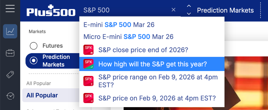 Searching for S&P 500 in Plus500's prediction markets platform