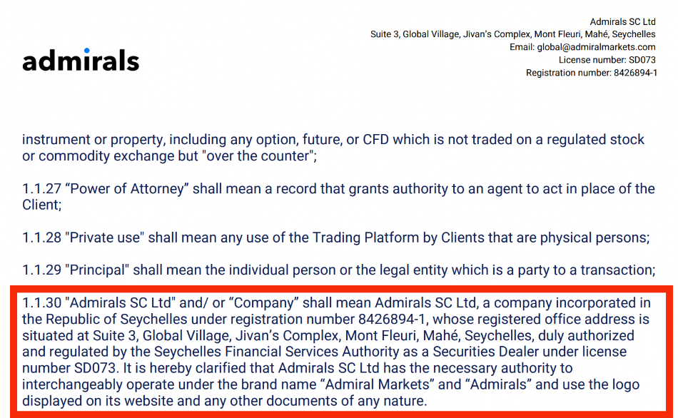 Admirals Seychelles client agreement showing offshore onboarding and terms