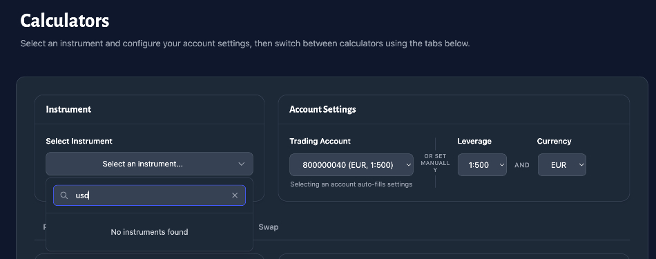 Using TabTrade's trading caculator