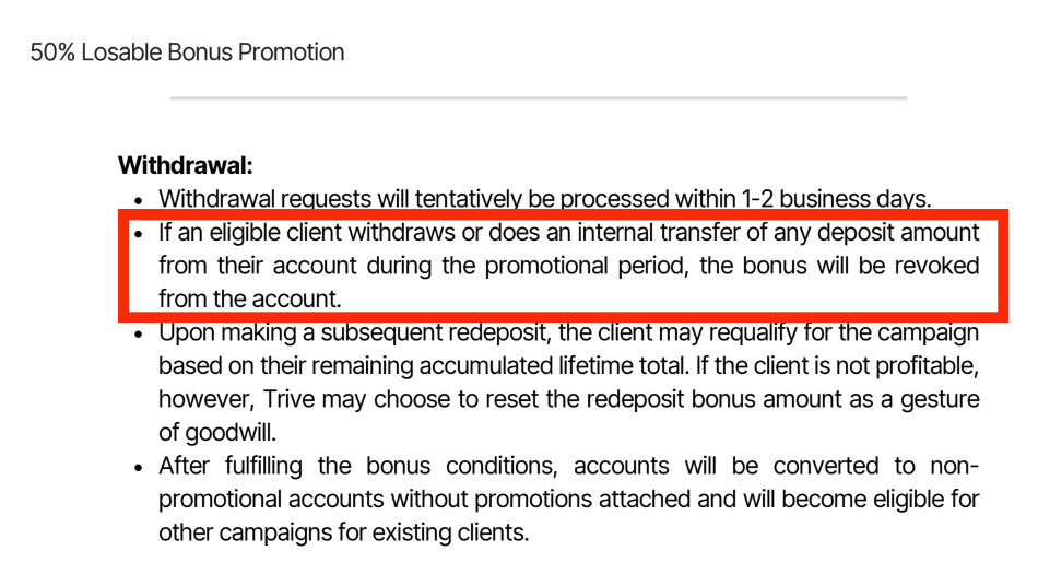 Bonus withdrawal terms at Trive