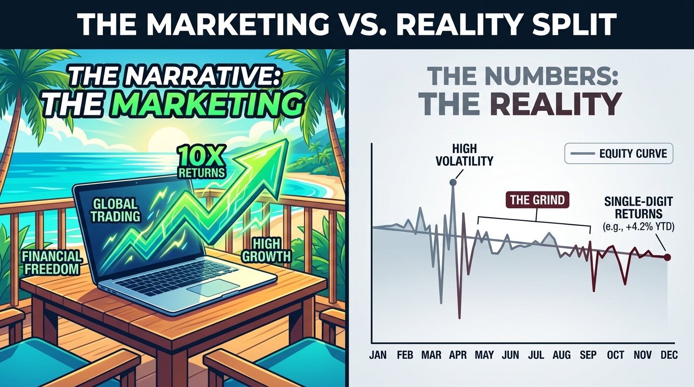 Infographic showing marketing vs reality of trading