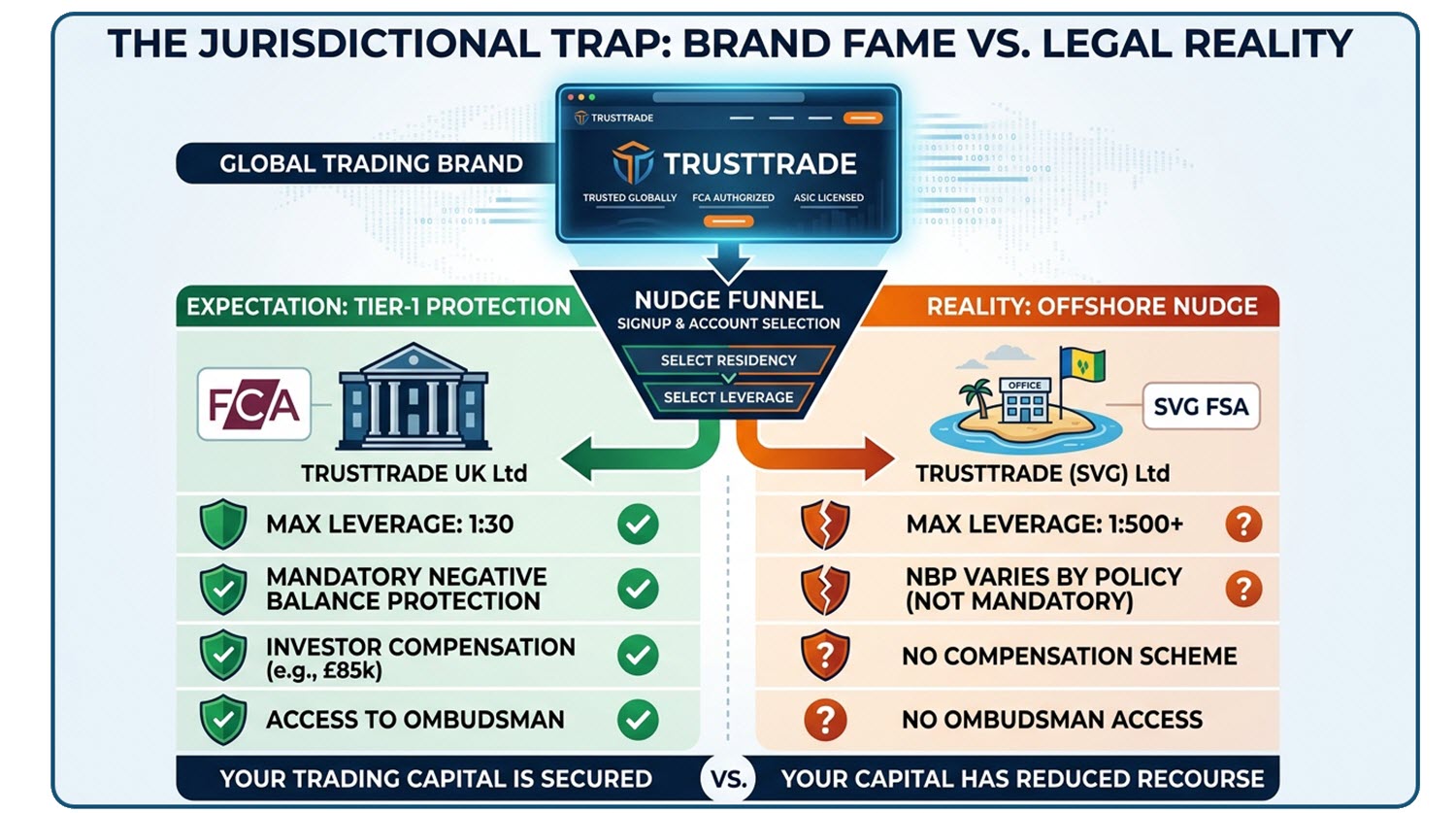 Infographic explaining the jurisdictional trap used by some trading brokers