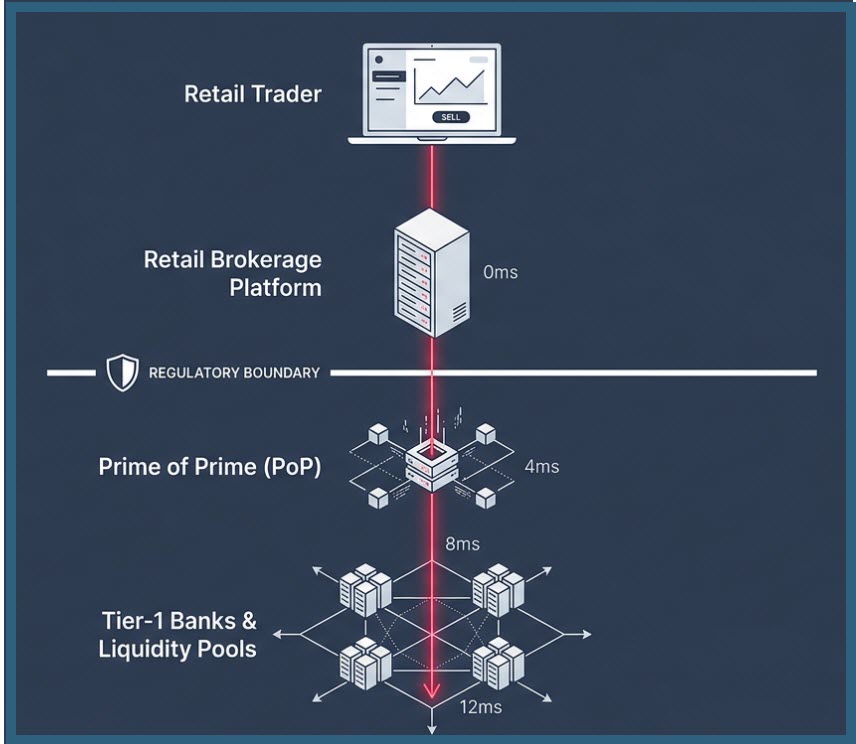 Infographic flowchart mapping a retail trading order routing through a multi-layered execution chain. The top layer shows the protected retail perimeter where a margin breach occurs at zero milliseconds. The middle layer shows an STP bridge routing the order at four milliseconds. The bottom layer shows the institutional tier where Tier One liquidity providers execute the trade at twelve milliseconds with fifty pips of slippage. A bold horizontal line separates the top retail layers from the bottom institutional layers, marked with a shield icon labeled Negative Balance Protection.