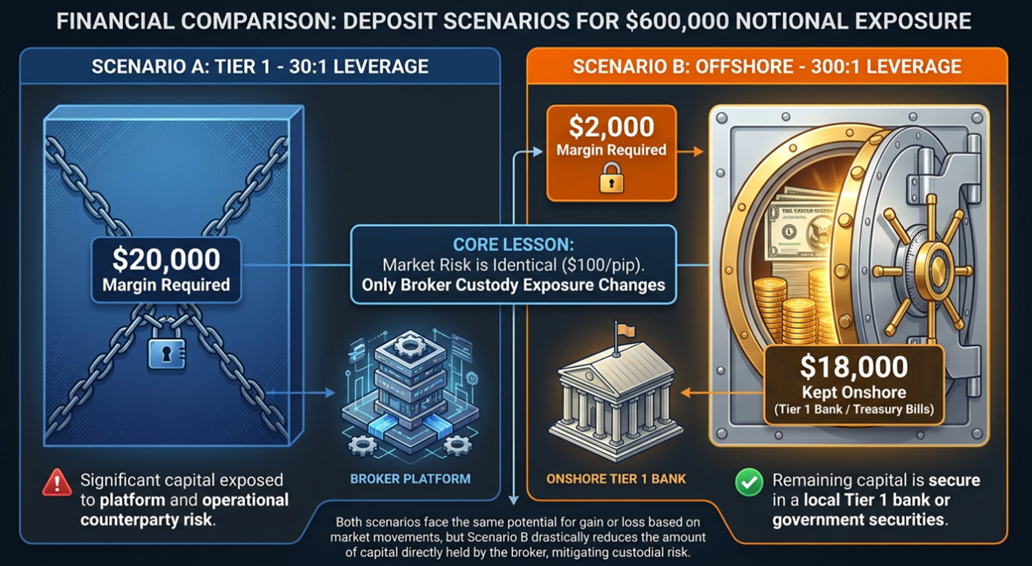 How higher leverage allows you the same nominal exposure while reducing your counter partner risk.