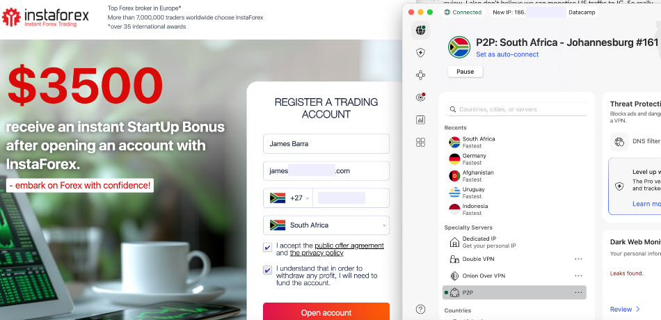 Registering with InstaForex from South Africa to claim a no deposit bonus