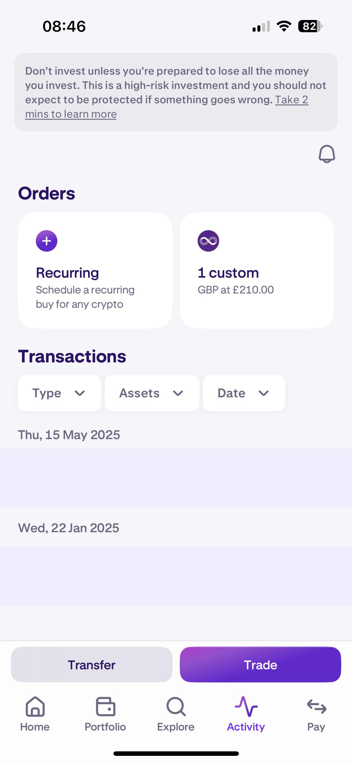 Kraken app with recurring buy
